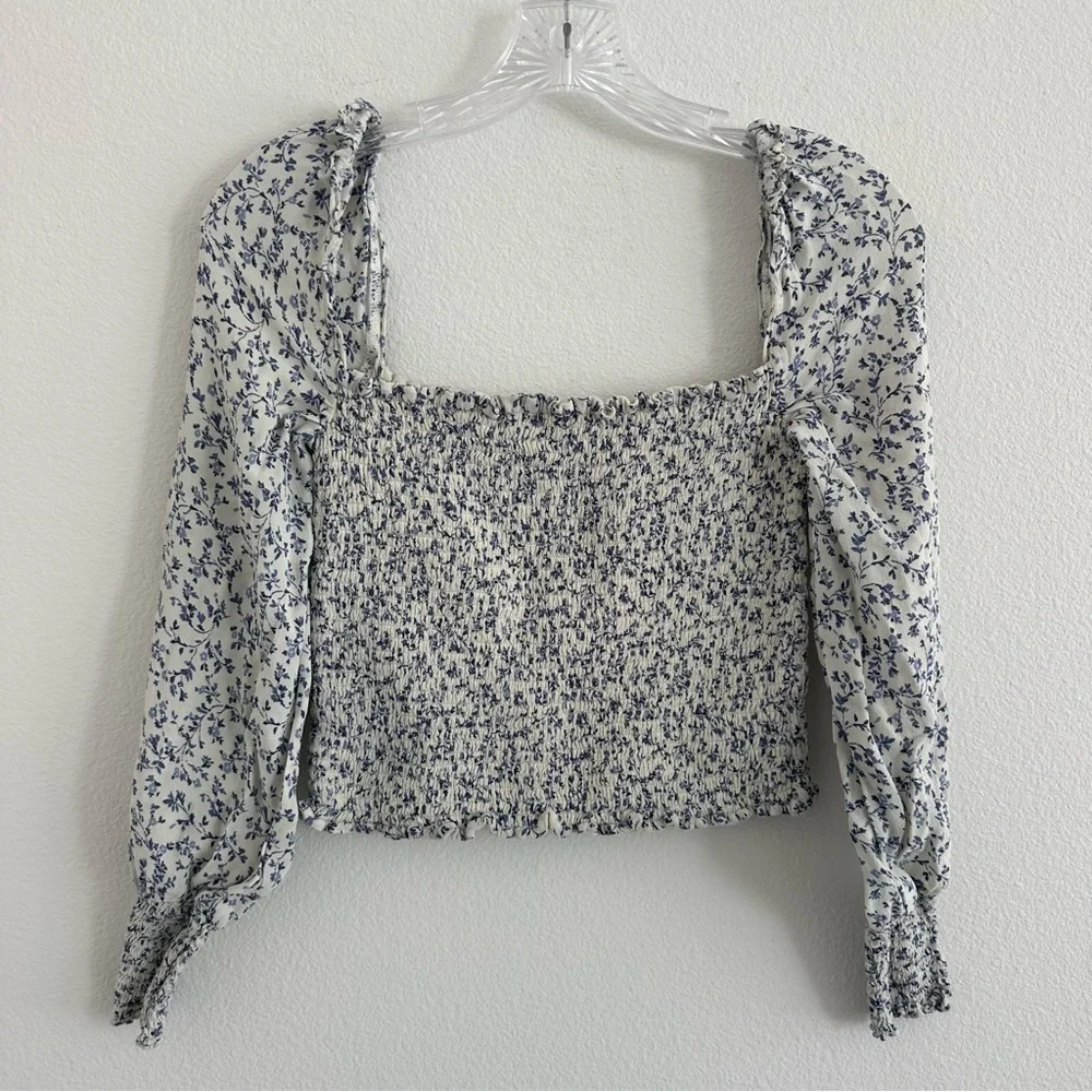 Reformation White and Blue Floral Smocked Square-Neck Blouse